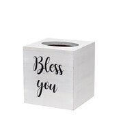 ELEGANT DESIGNS Farmhouse Square Wooden Tissue Box Cover with Bless you Script in Black, Sliding Base White Wash HG2024-WWH